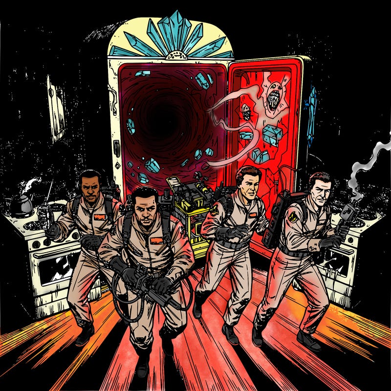 ghostbusters characters inside a fridge leading to a new dimension