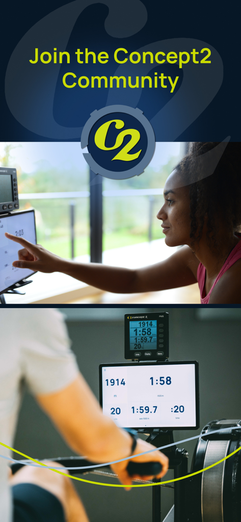 Atleti che utilizzano l'app ErgData su tablet per il monitoraggio dei dati in tempo reale durante una sessione di indoor rowing Concept2.