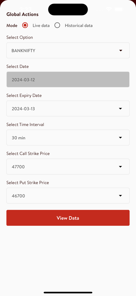 OiPulse - OiPulse app interface for selecting live market data and option strike prices