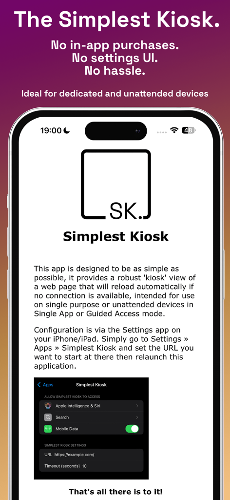 Simplest Kiosk app feature overview showing simple configuration and dedicated mode for unattended devices