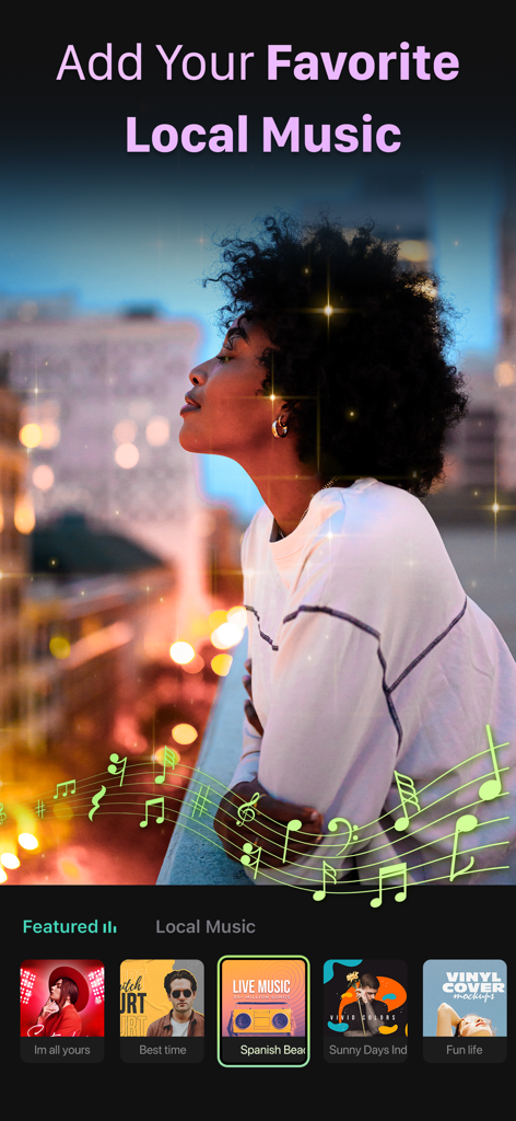 Fotoshow: Photo to video maker - A screen from the Fotoshow app showing the option to add local music to a video slideshow