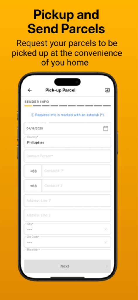 Pantalla de la aplicación Alin Cargo Express que muestra el formulario para programar una recogida de paquete.
