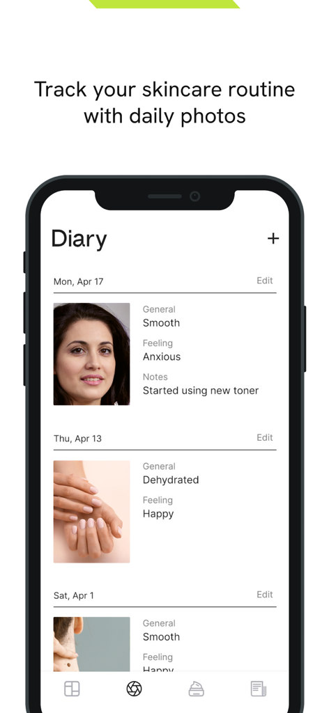 glowy AI - Skincare assistant - Pantalla de aplicación móvil que muestra un diario fotográfico diario de cuidado de la piel con seguimiento del estado de la piel y del ánimo