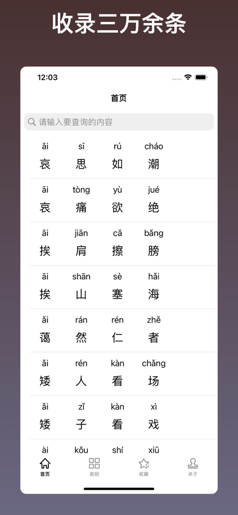 Interface of the Idiom Assistant app displaying a list of Chinese idioms with pinyin and a top search bar