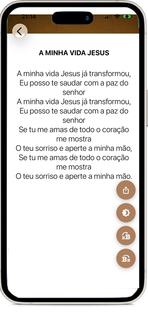 Harpa Cristã e Corinhos - Hymn lyrics for A Minha Vida Jesus displayed in the Harpa Cristã app with accessibility controls