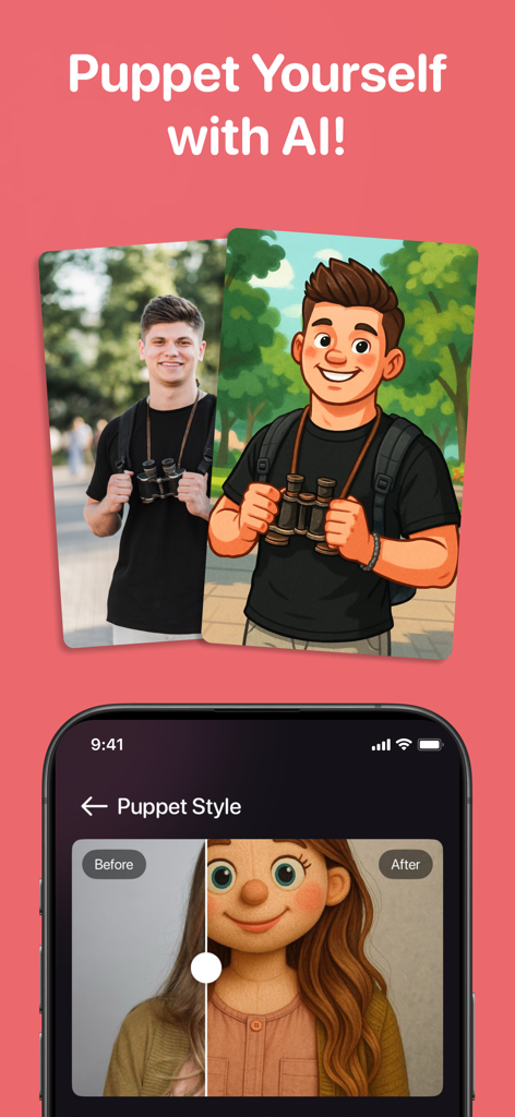 PepAI - Your Daily Companion - AI photo filters transforming portraits into puppet characters