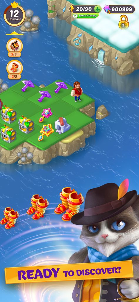 EverMerge puzzle game screenshot showing Puss in Boots and items to match on a floating island.