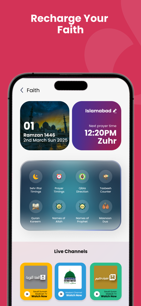 SIMOSA – Jazz World - SIMOSA app faith section showing prayer times, qibla direction, and live religious channels