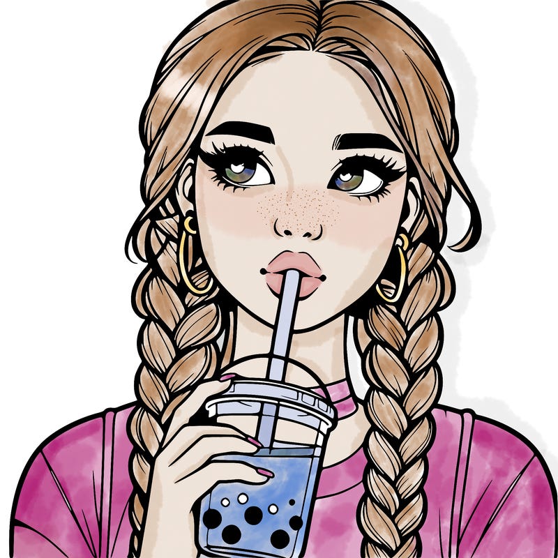 realistic girl with braided hair drinking boba