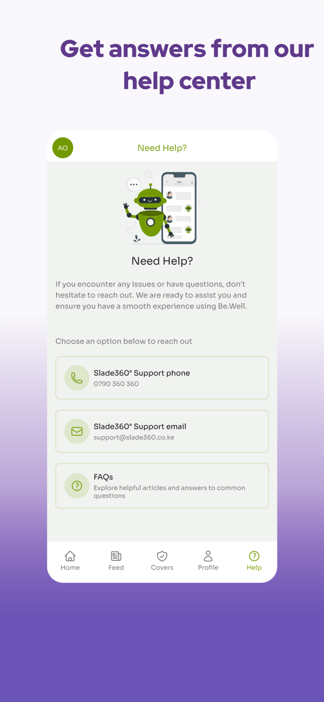 Be.Well by Slade360° - Interfaz del centro de ayuda de la aplicación Be.Well mostrando información de contacto de soporte y preguntas frecuentes.