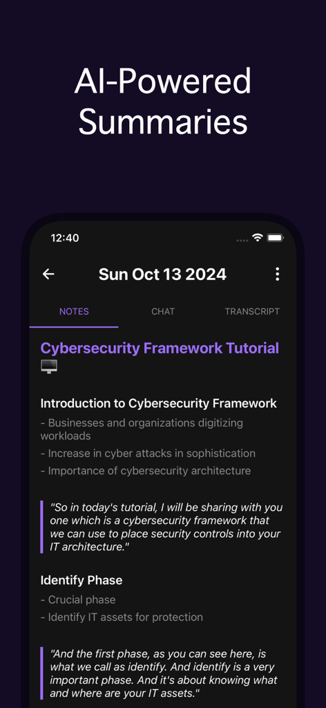 Notegpt - Note Taking AI - Mobile app interface showing AI-generated summaries and bullet points for a cybersecurity tutorial
