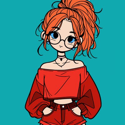 girl with a messy ponytail glasses a baggy crop top and jean shorts