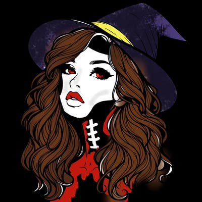 realistic witch girl with wavy hair and lips