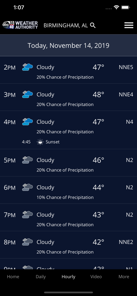 3340 Weather - ABC 3340 Weather app hourly forecast screen for Birmingham Alabama showing temperatures and cloudy conditions