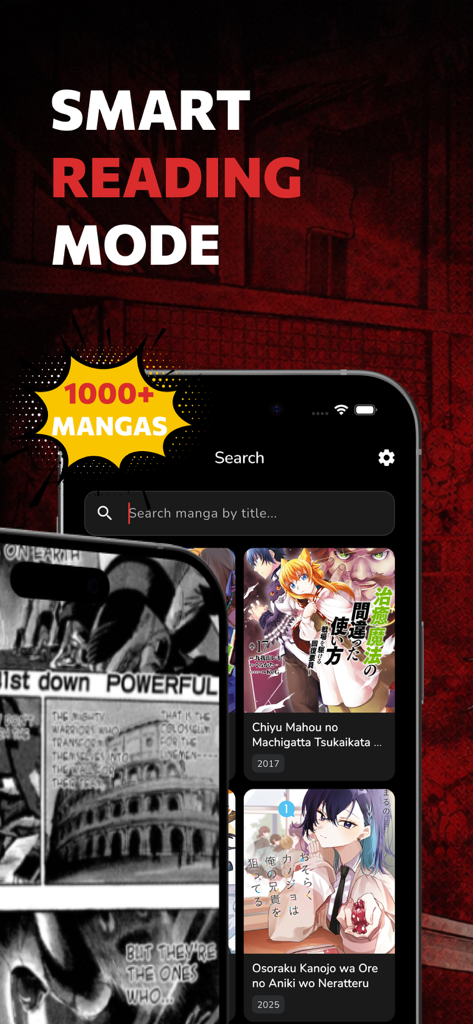 Manga Reader – Anime & Comics - Interfaz de la aplicación Manga Reader que muestra el modo de lectura inteligente y una biblioteca de más de 1000 mangas
