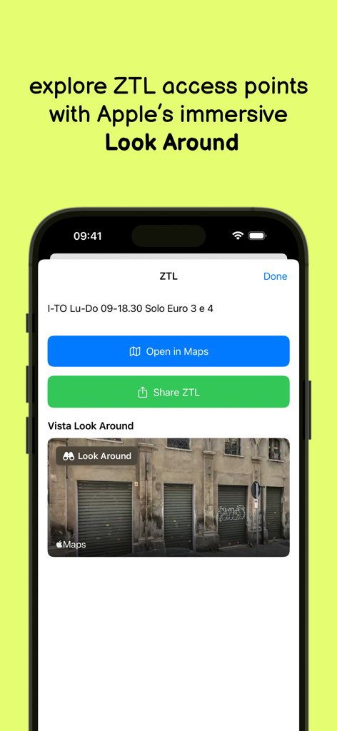 ZTL - ZTL app interface displaying Apple Look Around feature for a limited traffic zone in Italy