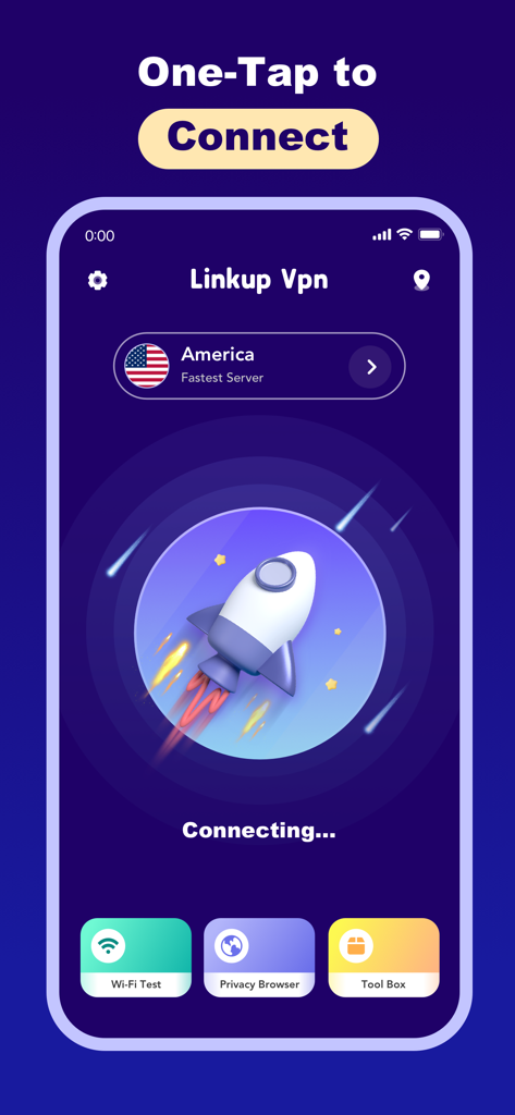 Linkup Speed - VPN Tool - Linkup Speed VPN app interface featuring one tap connection with a rocket animation