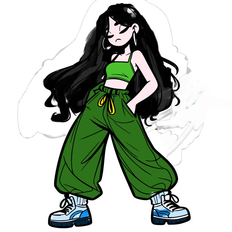 girl in baggy pants crop top and long hair