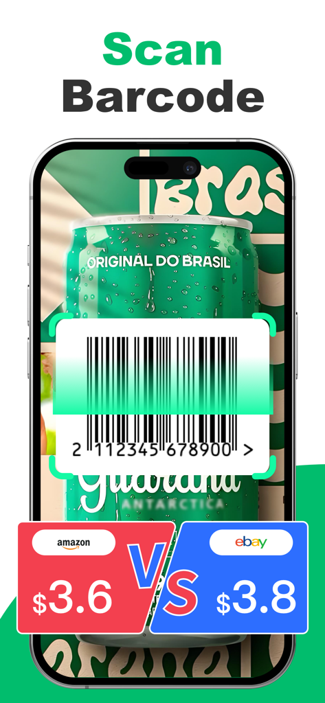 Easy QR Scan - Barcode Scanner - Aplicación de smartphone escaneando un código de barras para comparar precios de productos en Amazon y eBay