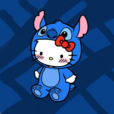 little cute hello kitty, blushing with little stitch costume
