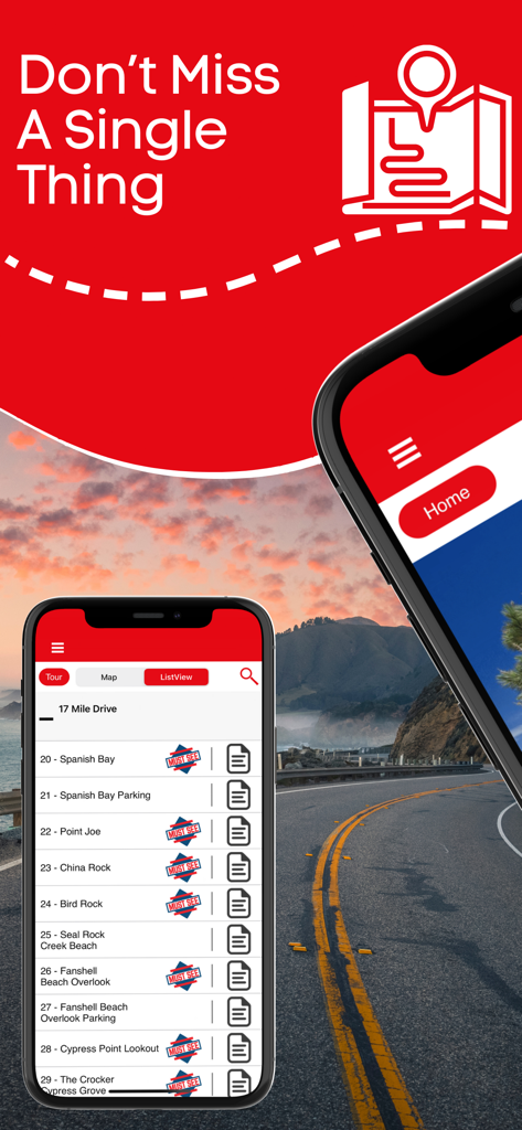 California GPS Audio Tours - California GPS Audio Tours app interface showing a list of 17 Mile Drive stops