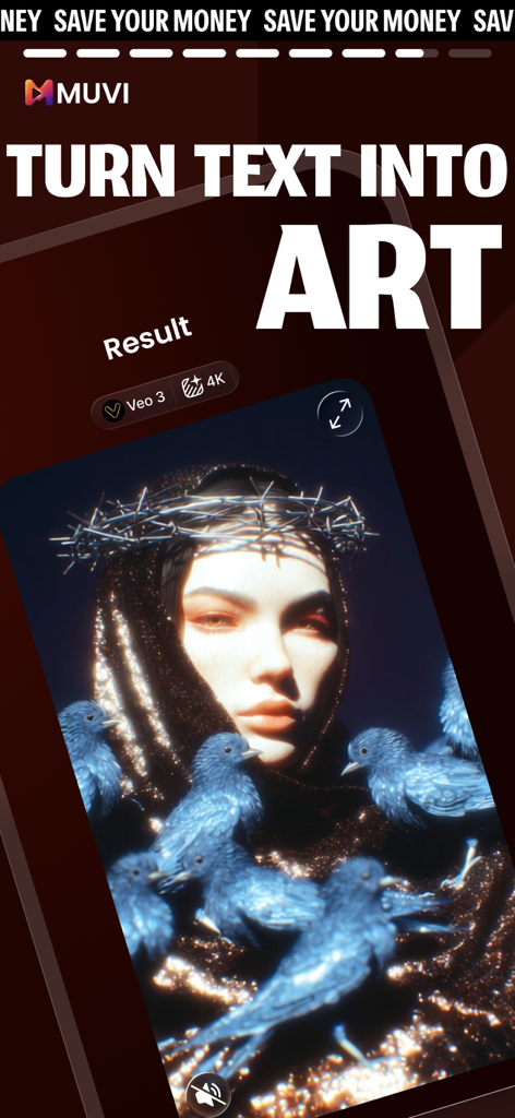 AI Video Maker & Editor - Muwi - Muwi app screen showing AI text to art generation result with Veo 3 engine
