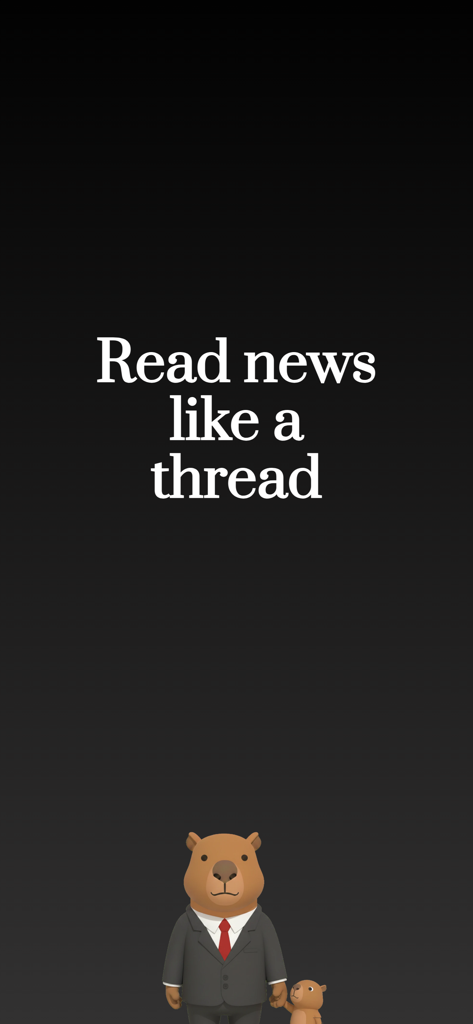 The Commuter: news digest - Intro screen for The Commuter app featuring a capybara mascot in a suit and the text Read news like a thread