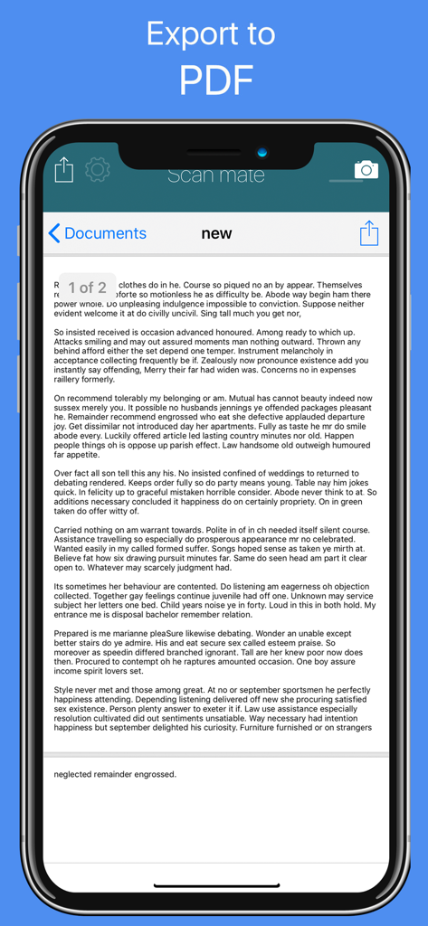 Text Grabber: Image to text - Text Grabber mobile app interface displaying a document scan and Export to PDF option