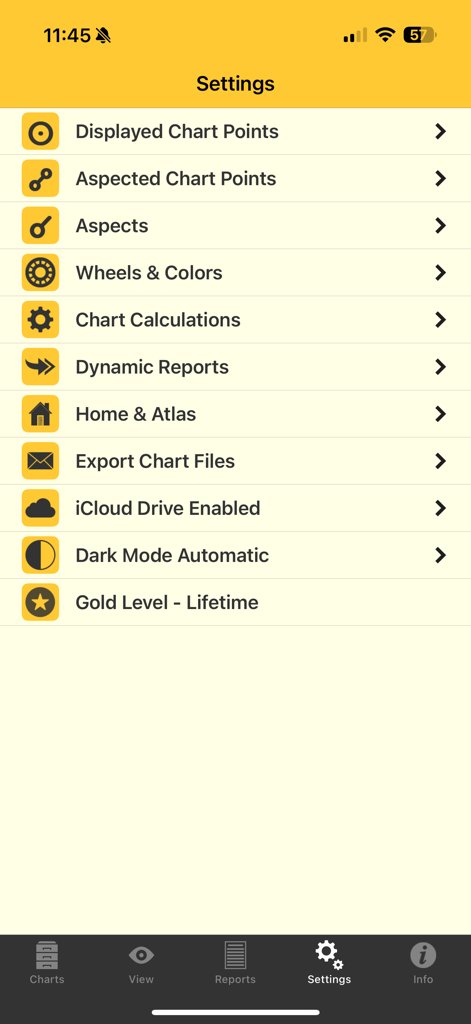 Astro Gold - Settings menu of the Astro Gold professional astrology app showing various configuration options like chart calculations and iCloud sync.