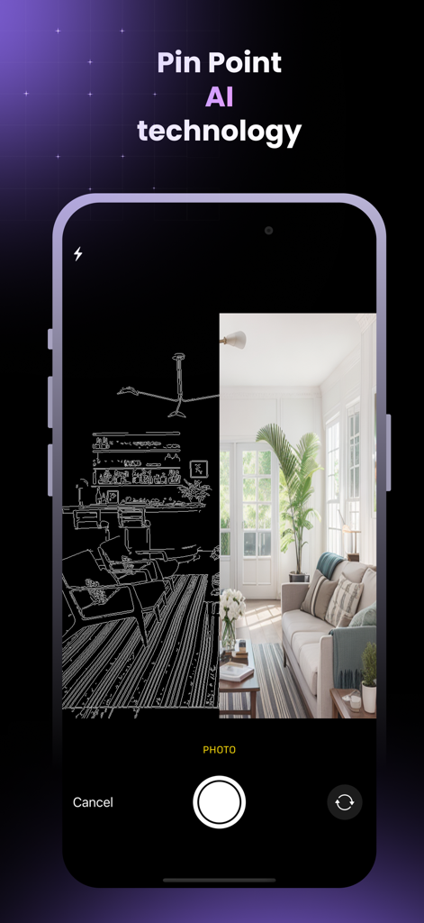 Spaces AI - Interior Design - Interfaccia dell'app Spaces AI che mostra la tecnologia AI pinpoint che scansiona un soggiorno per creare un concept di interior design realistico