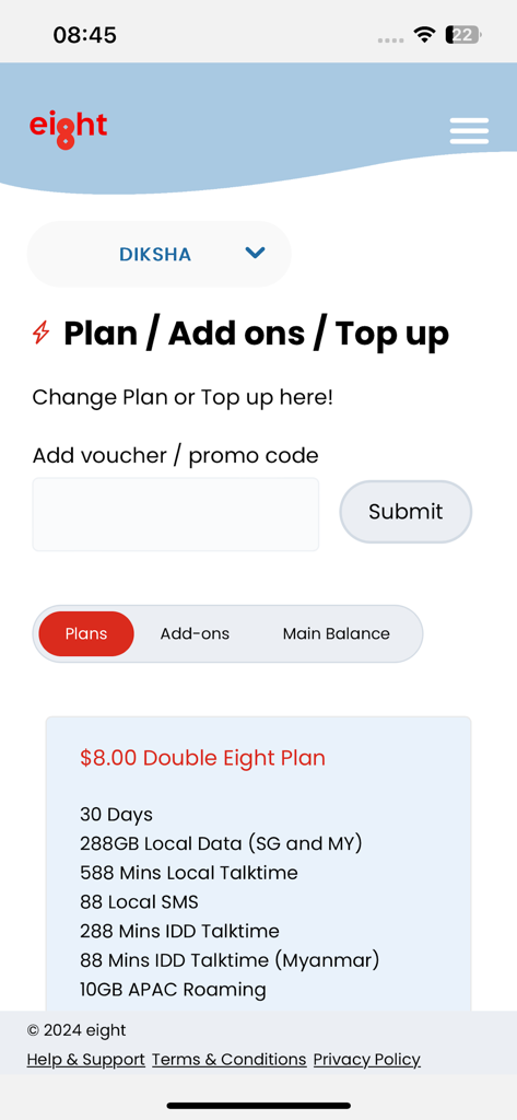 eight Telecom - User interface of the eight Telecom app showing mobile plan details and top up options