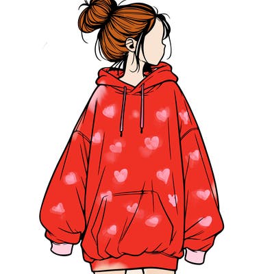 realistic girl with a oversized sweatshirt on and a bun