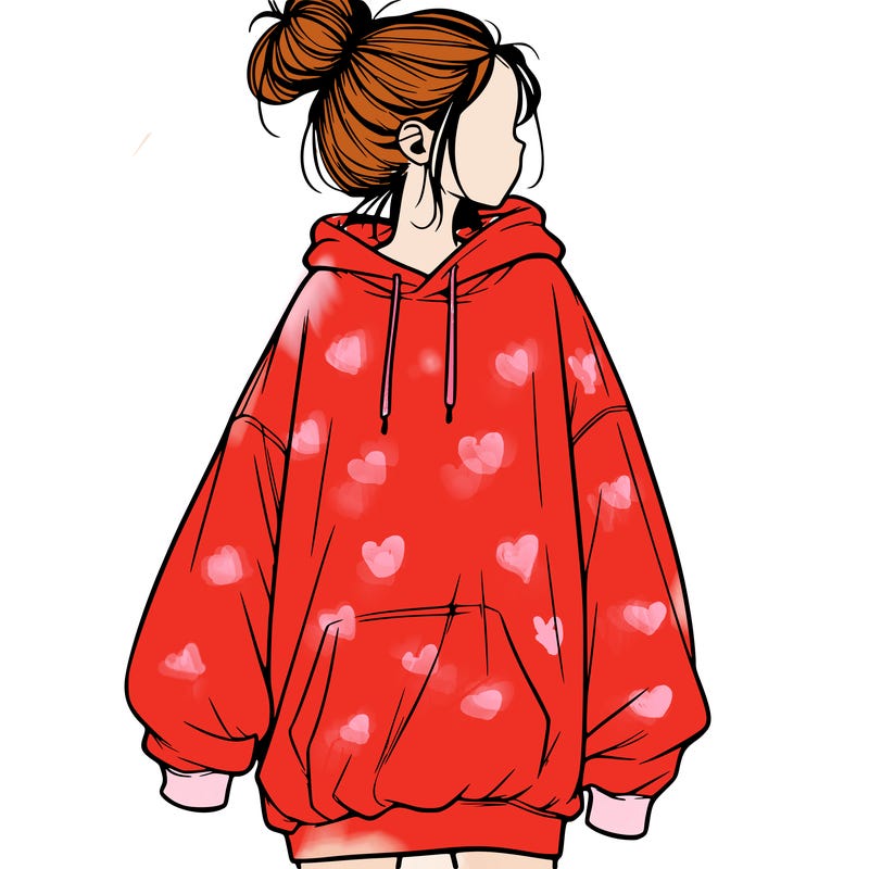 realistic girl with a oversized sweatshirt on and a bun