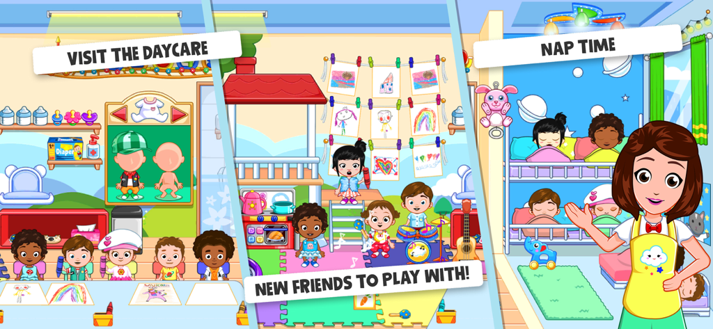 My City : Babysitter - Three gameplay scenes from My City Babysitter showing a daycare room, children playing together, and a bedroom during nap time.