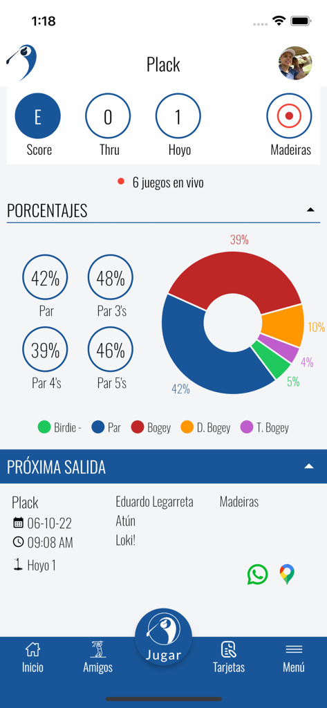 Plack - Plack mobile app dashboard displaying golf performance percentages and game statistics.
