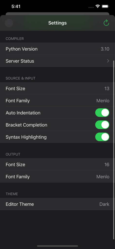 Settings screen of the Python Programming Interpreter app showing compiler version and editor customization options