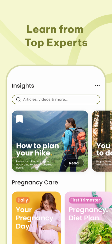 Chloe: Ovulation Tracker - Chloe app interface displaying expert health insights and pregnancy care articles