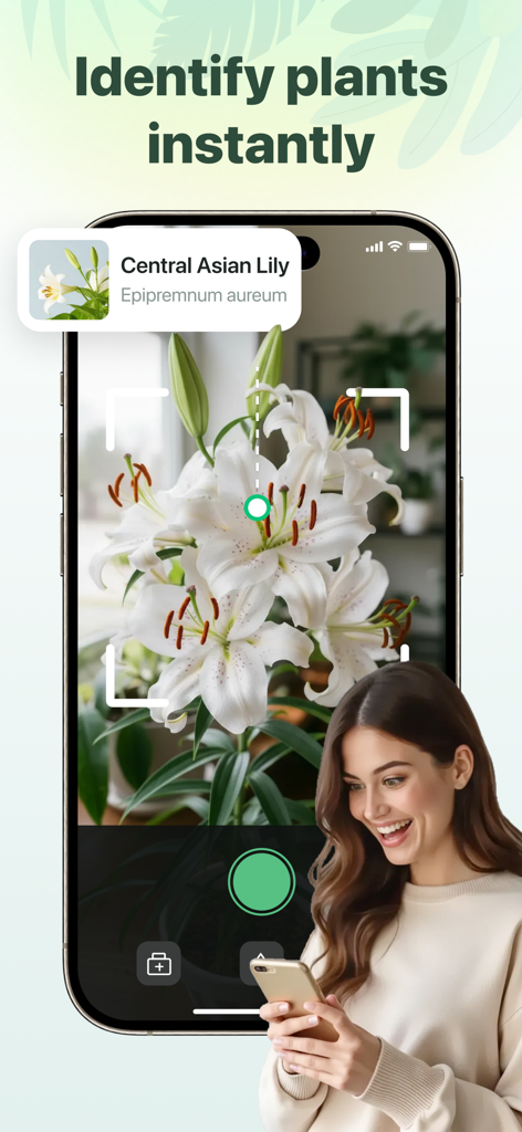 PlantGuide - ID & Diagnose - 女性がモバイルアプリを使用して白いユリの花を即座に識別しています