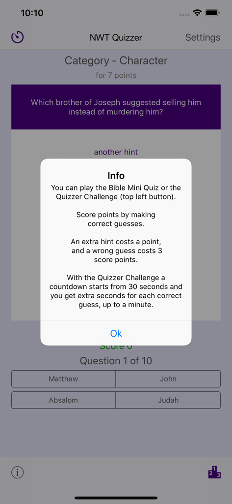 NWT Quizzer - A screenshot of the NWT Quizzer app showing a Bible character question about Joseph's brother with an informative pop-up explaining game rules and scoring.
