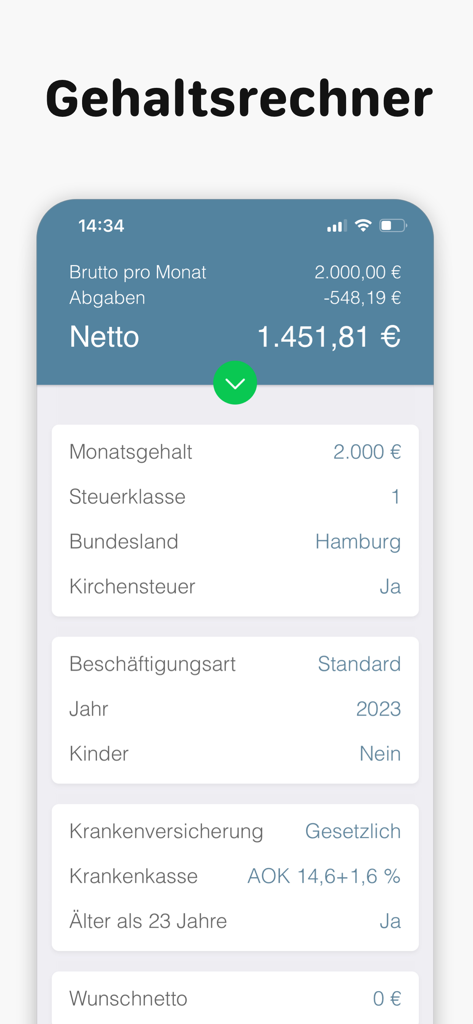 Screenshot of the Bruno German salary calculator app interface showing gross and net pay