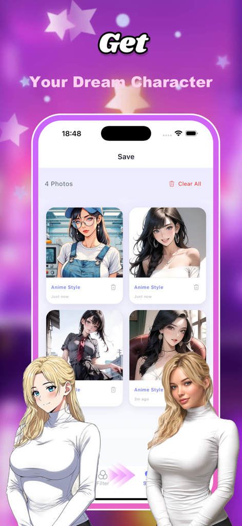 Geko - Mobile app interface showing a real-to-anime photo transformation with the Geko AI filter