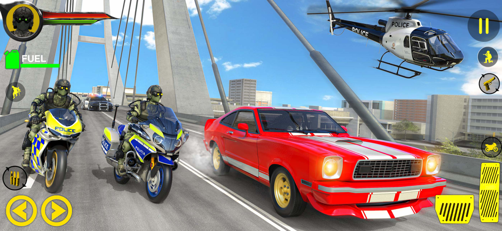 Police Bike Games: Bike Chase - Police motorcycles and a helicopter chasing a red sports car on a city bridge