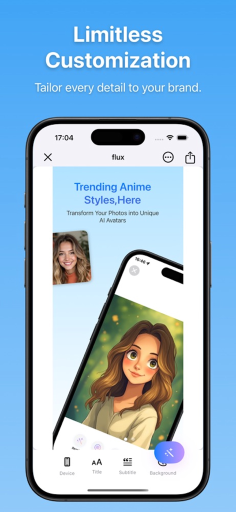 Store AI: App Screenshot Agent - Mobile Bildschirm, der die Anpassungsfunktionen des Store AI App-Screenshot-Generators zeigt.