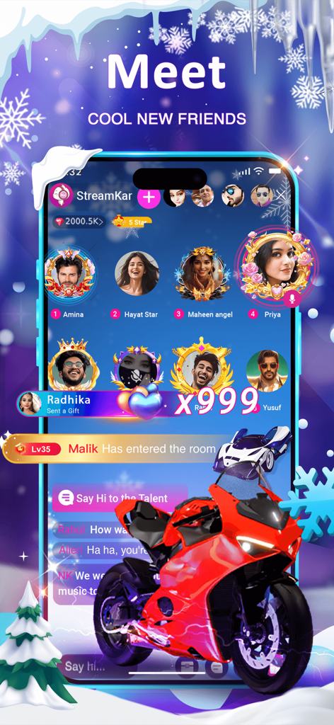 StreamKar - Live Video Chat - StreamKar app interface showing live video chat with virtual gifts and user profiles