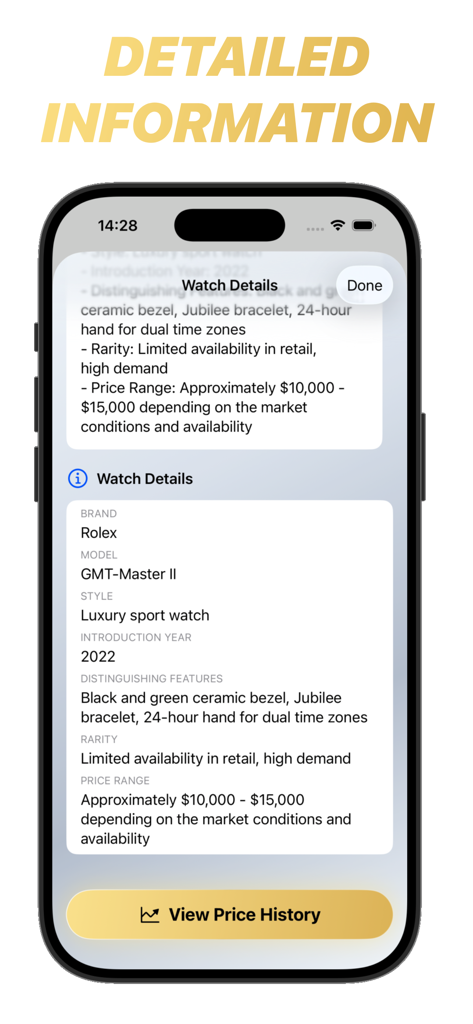 Una schermata di un'app mobile che visualizza le specifiche tecniche e la cronologia dei prezzi di mercato per un orologio Rolex