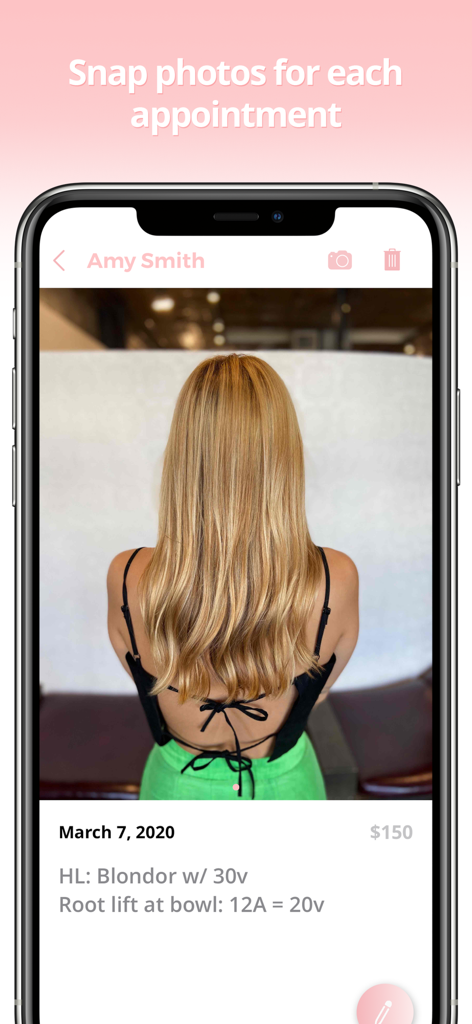 Gloss: Save Formulas & Clients - Gloss app screen displaying a hair color formula and client appointment photo