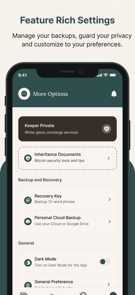 백업 및 개인 정보 보호를 관리하기 위한 비트코인 키퍼 앱의 설정 화면