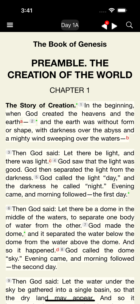 Mobile App-Oberfläche der Katholischen Neuen Amerikanischen Bibel RE, die den Text von Genesis Kapitel 1 anzeigt