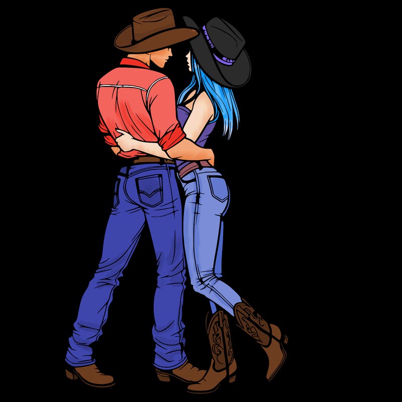 cowboy and his girlfriend in cowboy boots, boot cut jeans, cowboy hat hugging realistic