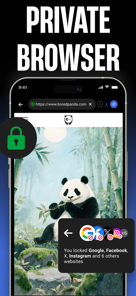 Private Browser - dip - Oberfläche der Private Browser dip App, die blockierte Tracker von großen Social-Media-Plattformen beim Surfen auf einer Website zeigt.